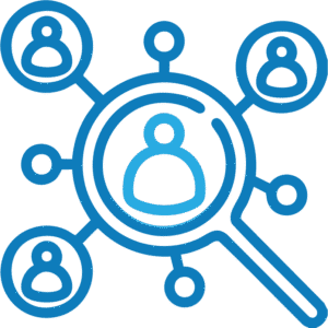 Icono de una lupa sobre un perfil de usuario conectado a una red, simbolizando la captación y gestión de talento profesional.